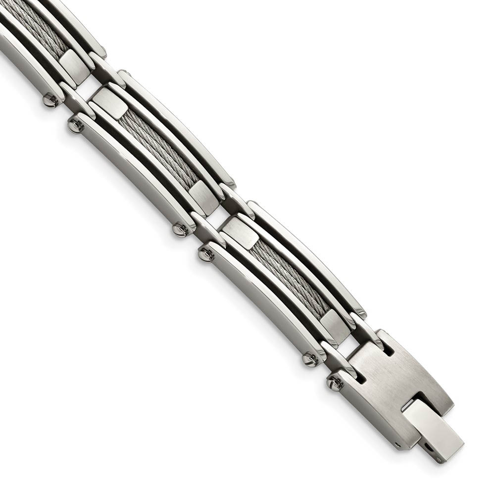 Men&#039;s Stainless Steel with Brushed Cable Inlay 9 Inch Bracelet