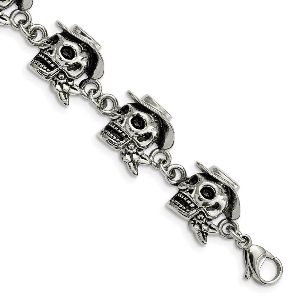 Men&#039;s Stainless Steel Antiqued Pirate Skull 8.5 Inch Bracelet