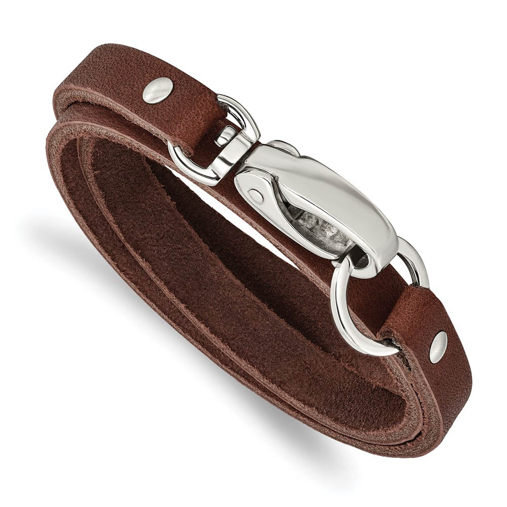 Men's Dark Brown Leather Wrap and Stainless Steel Bracelet