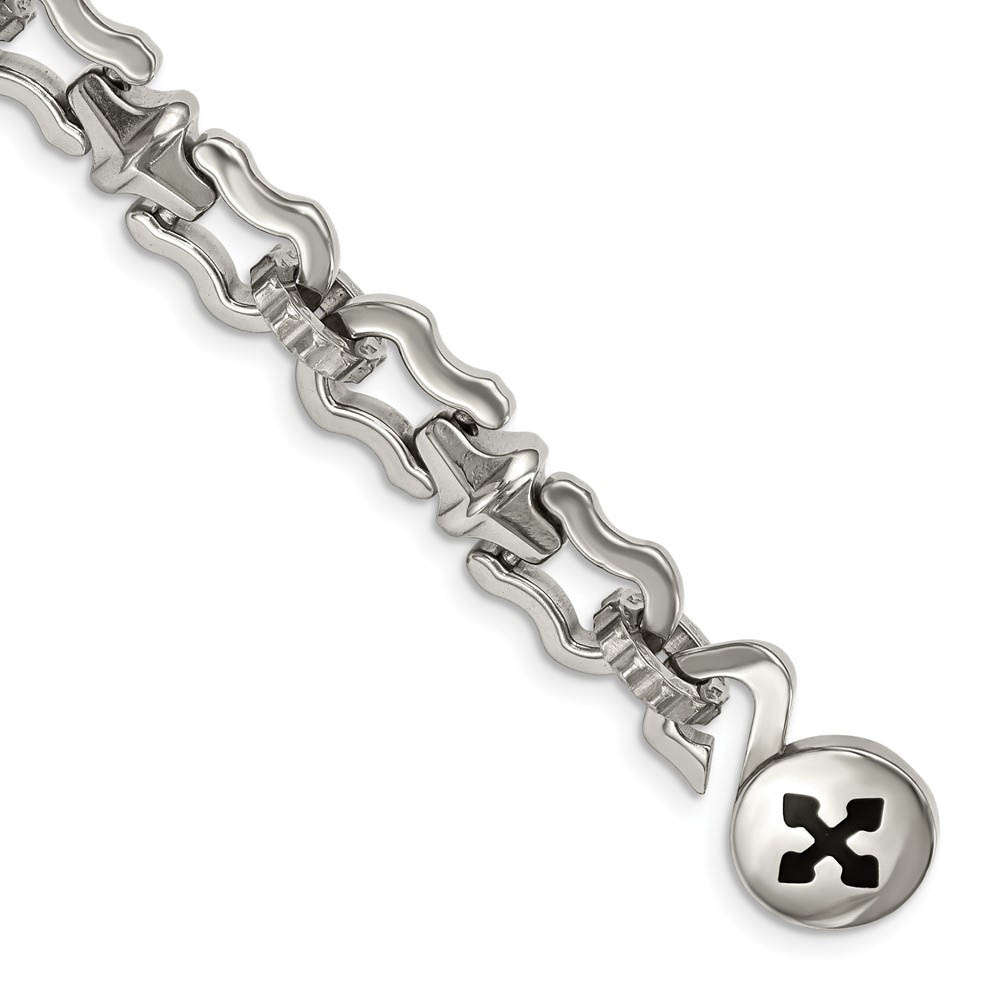 Men&#039;s Stainless Steel and Black Rubber Cross 8.5 Inch Bracelet