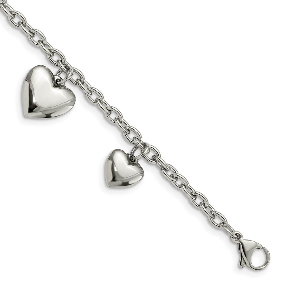 Stainless Steel Puffed Hearts Charm Bracelet, 8 Inch