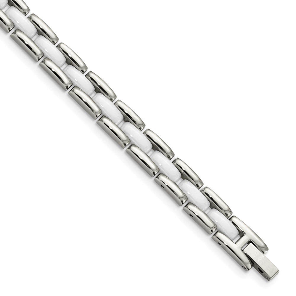 Stainless Steel and White Ceramic Bracelet, 8 Inch