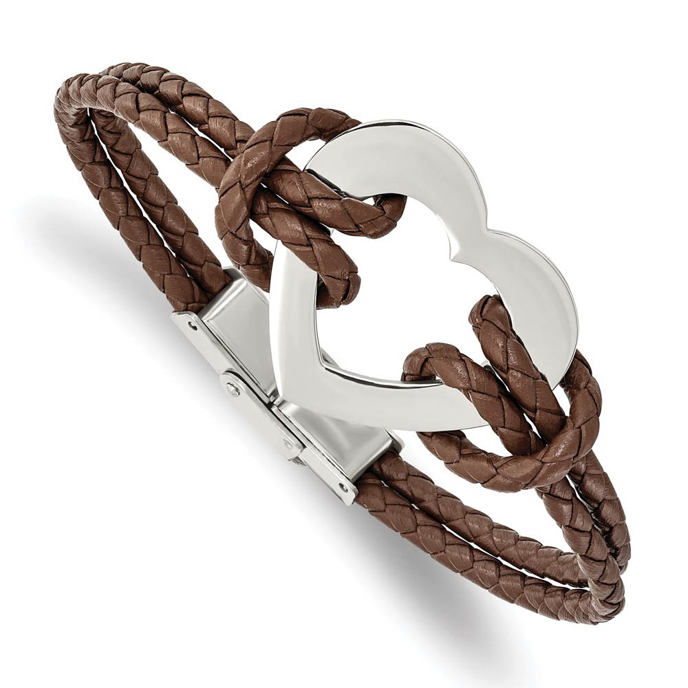 Stainless Steel Heart and Brown Leather Bracelet