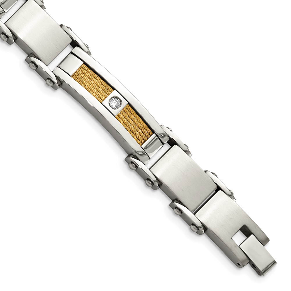 Men&#039;s Stainless Steel, Gold Tone Cable and CZ Bracelet, 8.5 Inch