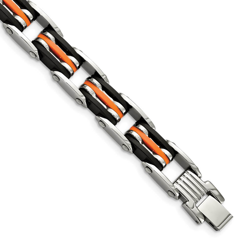 Men&#039;s Stainless Steel Black and Orange Rubber Bracelet - 8.5 Inch