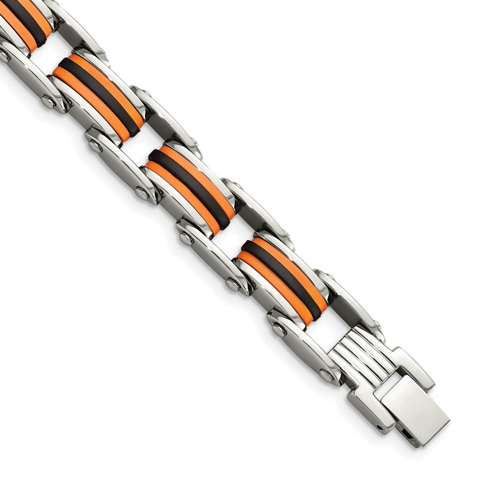 Men&#039;s Stainless Steel Orange and Black Rubber Bracelet - 8.75 Inch