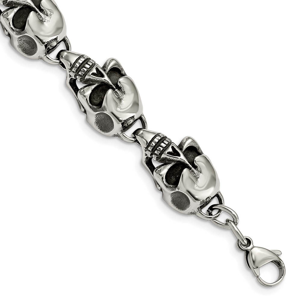 Men&#039;s Stainless Steel Antiqued Skulls Bracelet - 8.5 Inch