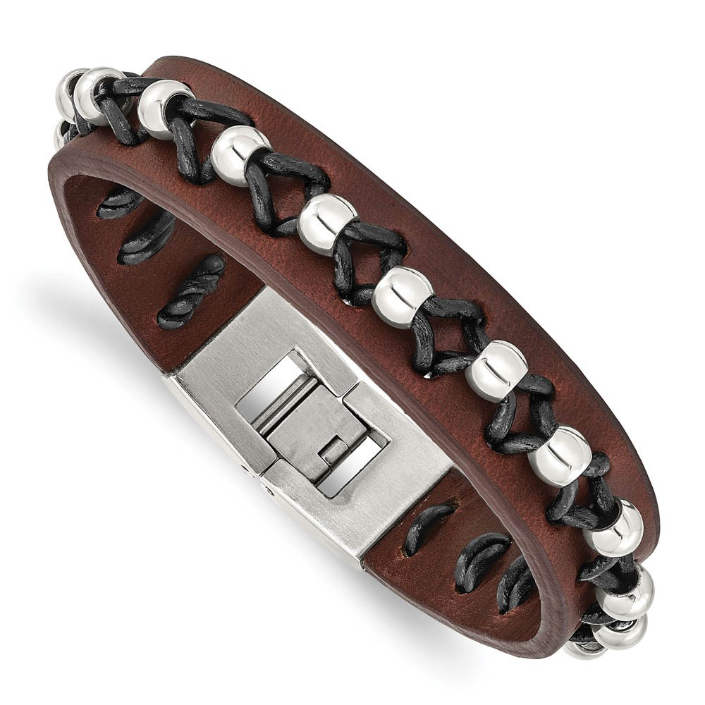 Men&#039;s Brown Leather and Stainless Steel Bead Bracelet - 8.5 Inch