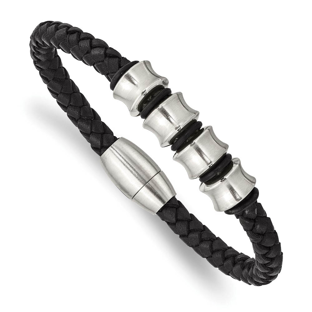 Men's Braided Black Leather and Stainless Steel Bracelet - 8.5 Inch