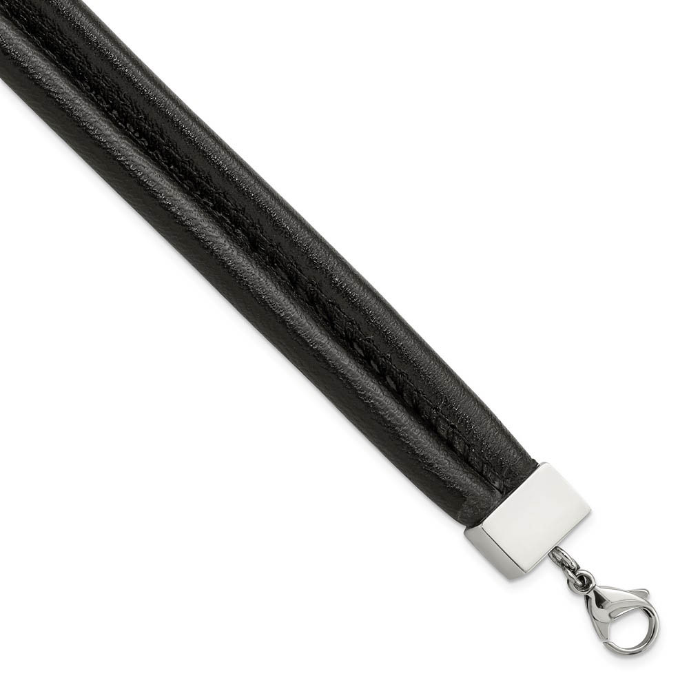 Men&#039;s Black Leather Cord &amp; Stainless Steel Double Row Bracelet, 8.5 In