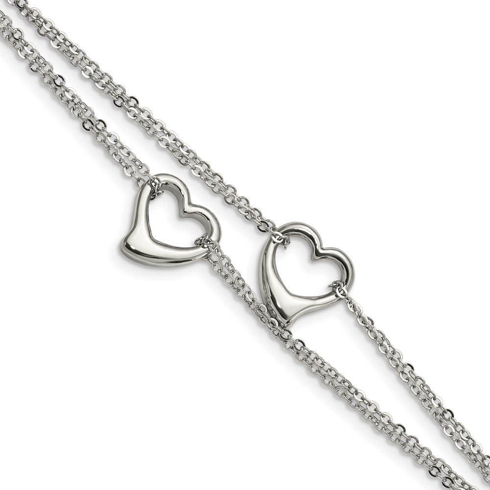 Stainless Steel Double Open Hearts Bracelet, 7 Inch