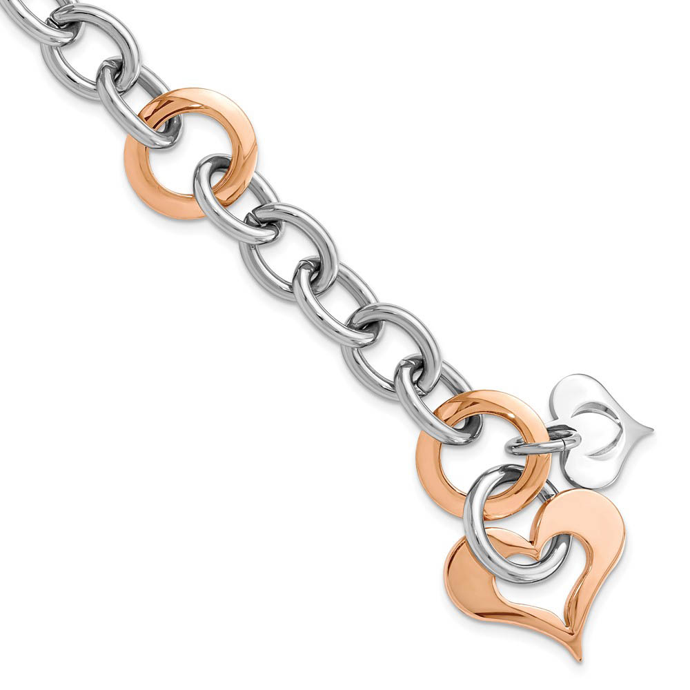 Stainless Steel Open Link and Rose Gold Tone Accent Toggle Bracelet