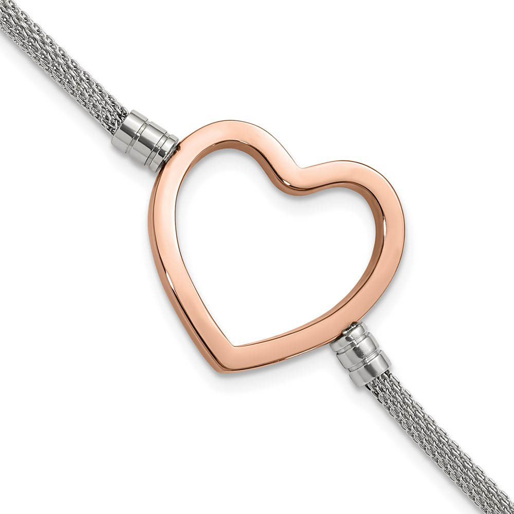 Stainless Steel and Rose Gold Tone Plated Heart Adjustable Bracelet