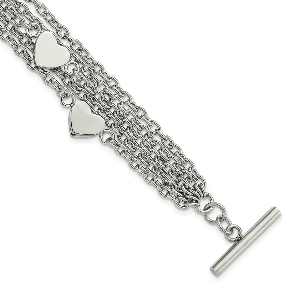 Stainless Steel Multiple Chain & Heart Charm Toggle Bracelet, 8 Inch