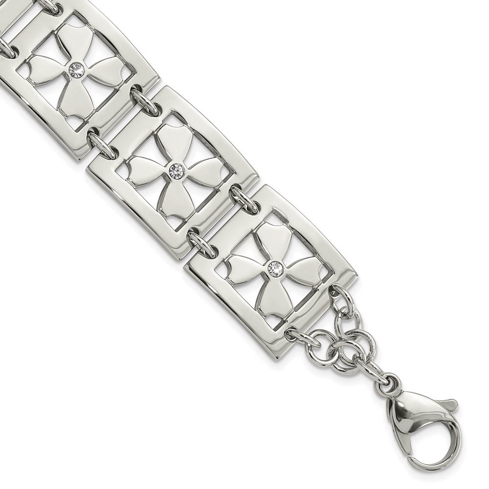 Stainless Steel and Cubic Zirconia Flower Link Bracelet