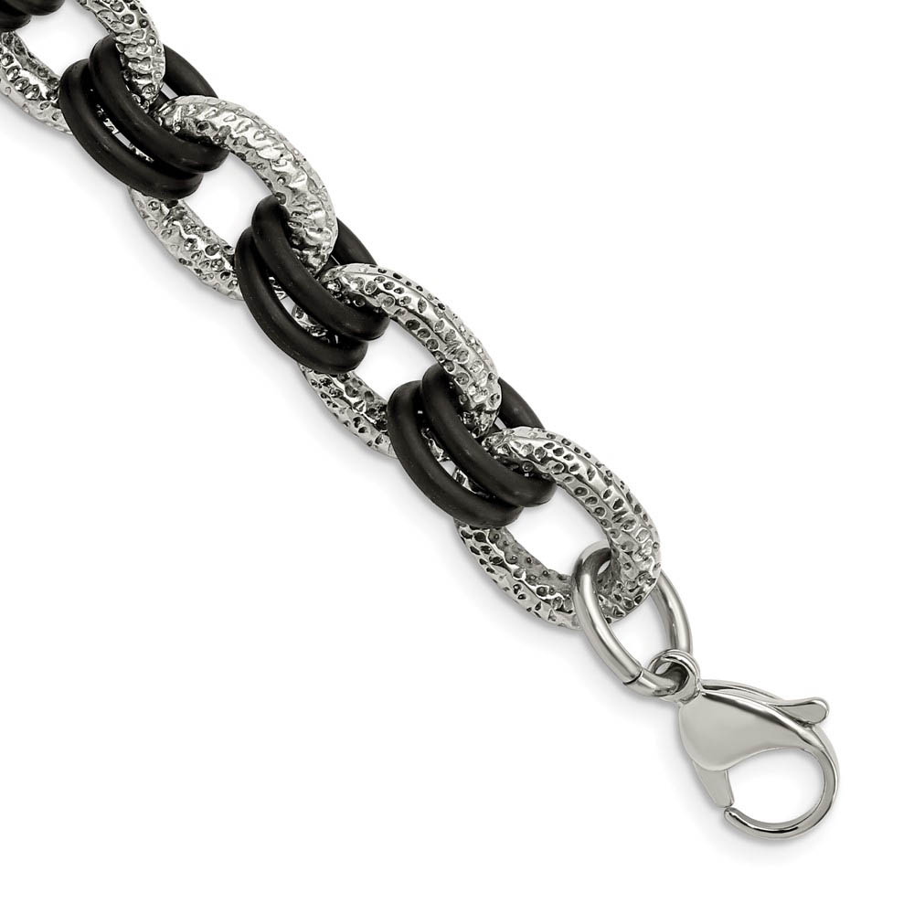 Men&#039;s Stainless Steel and Black Rubber Cable Chain Bracelet, 9 Inch