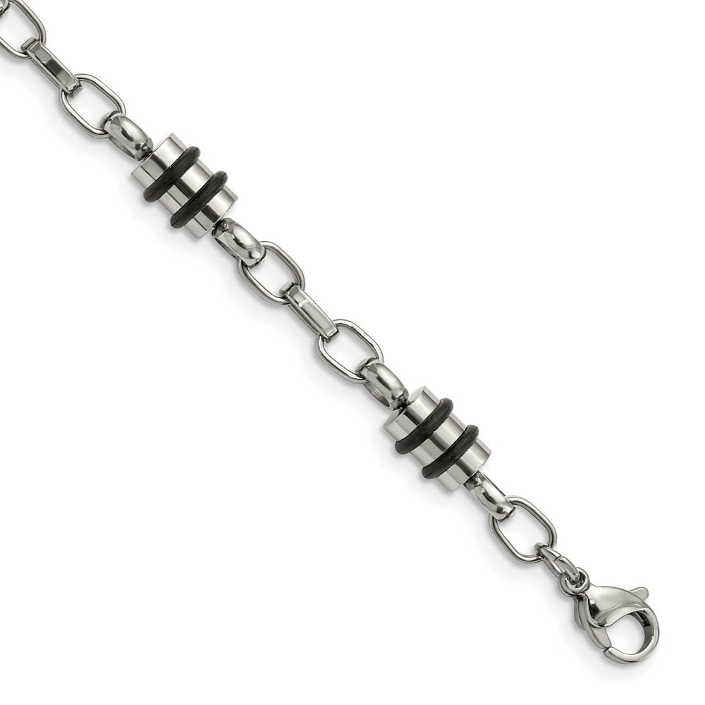 Men's Stainless Steel and Rubber Accent Barrel Link Bracelet