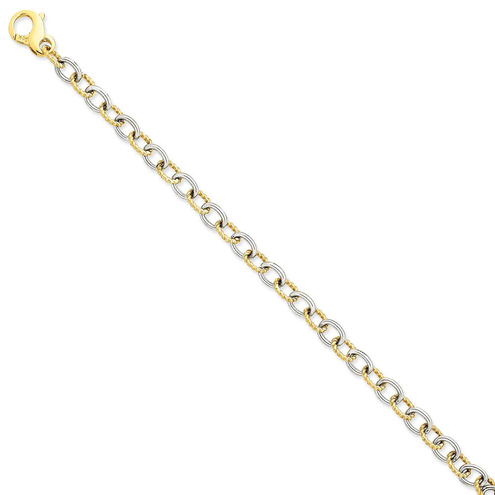 14k White and Yellow Gold, 6.5mm Fancy Link Chain Bracelet - 8.5 Inch