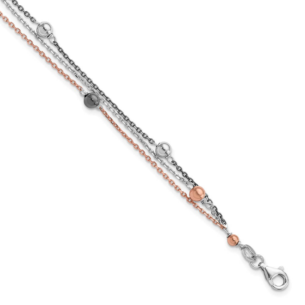 Sterling Silver, Black & Rose Tone Beaded Cable Strand Adj. Bracelet