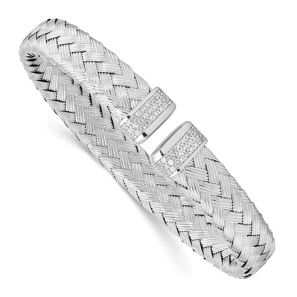 Sterling Silver &amp; Cubic Zirconia Flexible 9mm Woven Cuff Bracelet