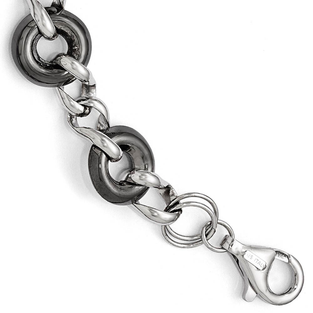 Sterling Silver &amp; Black Plated 13mm Polished Link Bracelet, 8 Inch