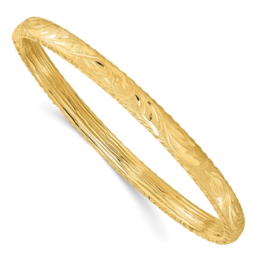 6mm 14k Yellow Gold Textured Diamond Cut Hinged Bangle