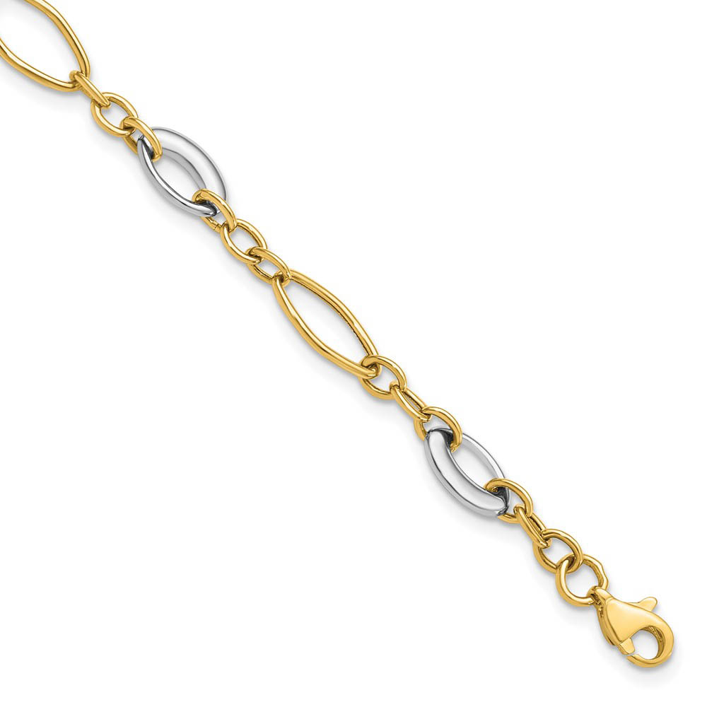 14k Two Tone Gold 6mm Polished Oval Link Chain Bracelet, 7.25 Inch