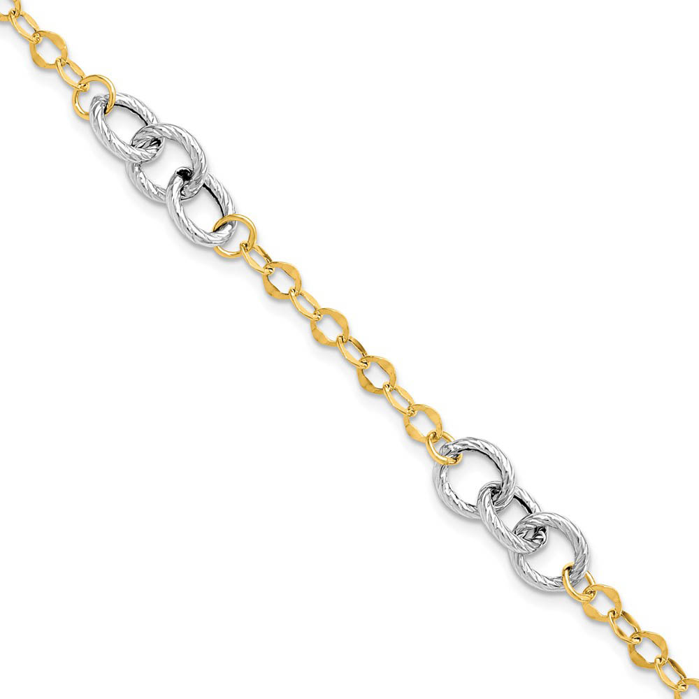 14k Two Tone Gold 7mm Polished &amp; Textured Link Chain Bracelet, 7.5 In