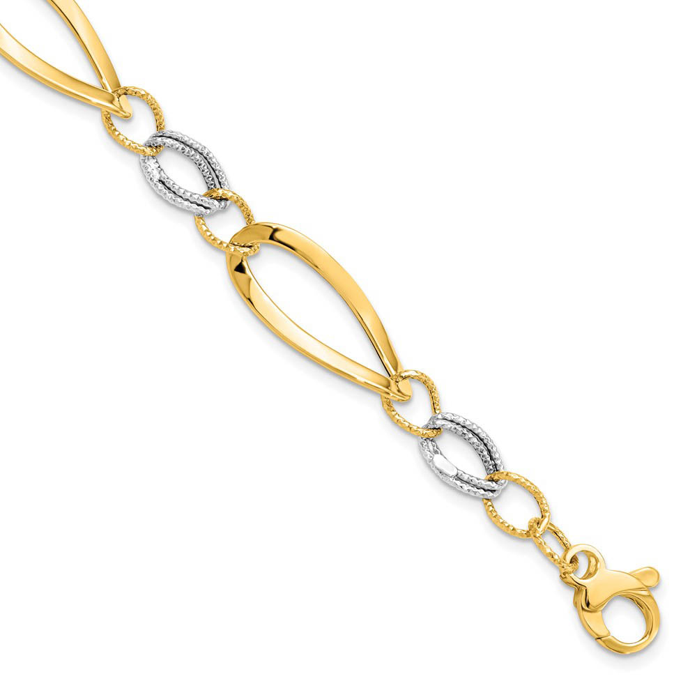 14k Two Tone Gold, 8mm Polished &amp; Diamond Cut Adj. Chain Bracelet