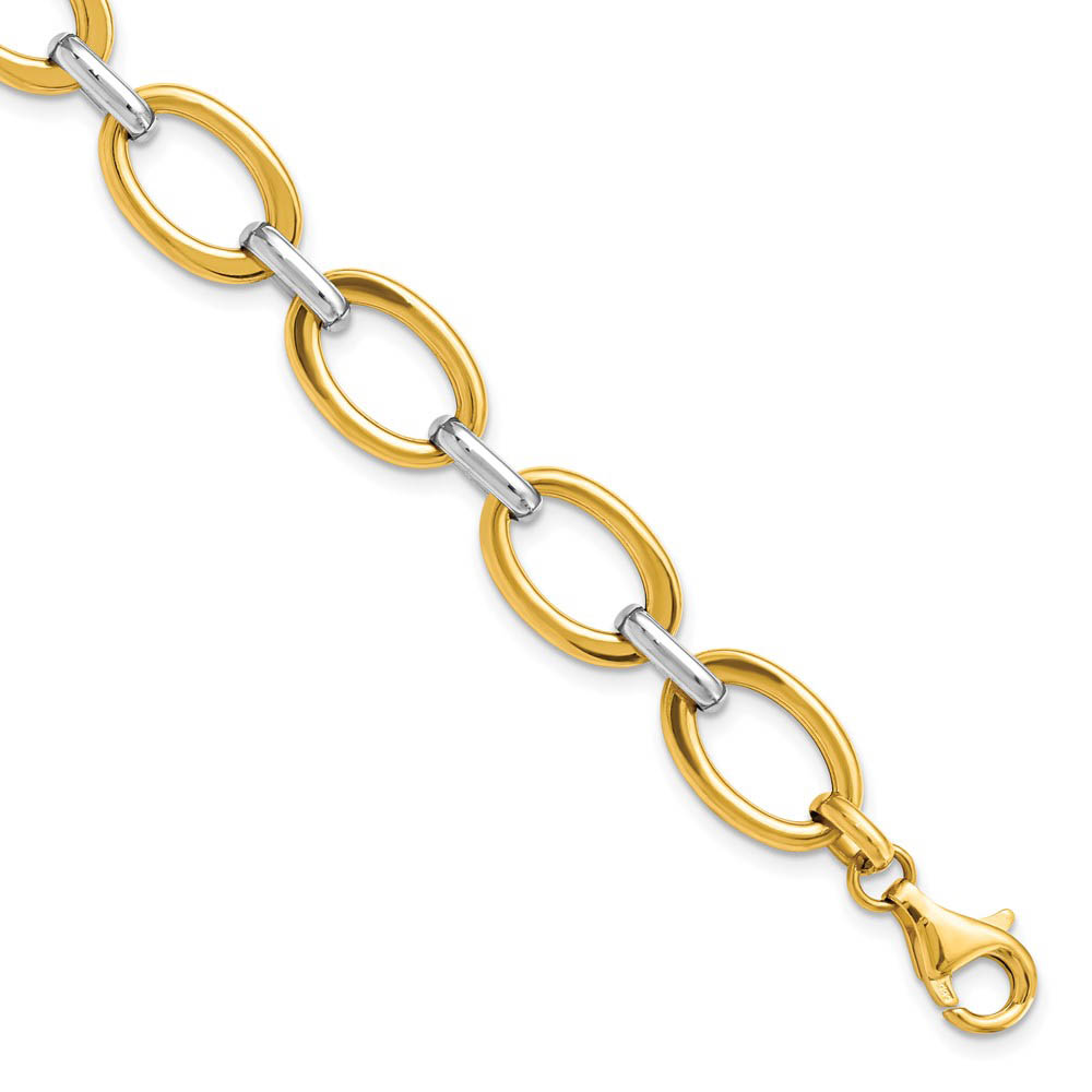 14k Two Tone Gold Italian 9mm Polished Cable Chain Bracelet, 7.25 Inch