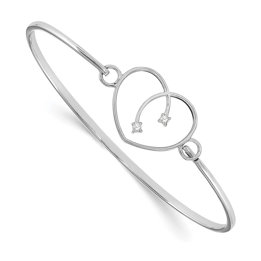 Rhodium Plated Sterling Silver &amp; Diamond 20mm Heart Bangle Bracelet