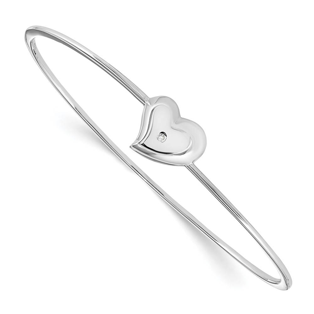 Rhodium Plated Sterling Silver &amp; Diamond Offset Heart Bangle Bracelet