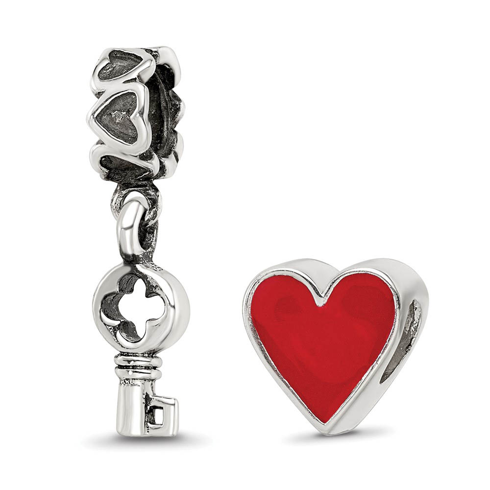 Sterling Silver & Red Enamel You Have The Keys Bead Charm Set of 2
