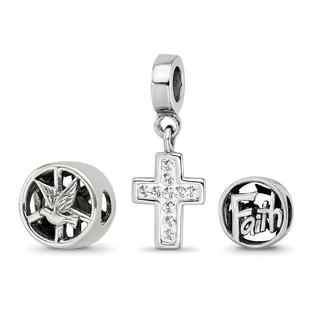 Sterling Silver & Crystal Religious Faith Bead Charm Set of 3