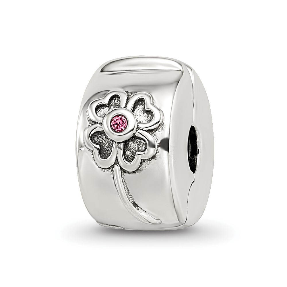 Sterling Silver with Pink Crystals Hinged Flower Clip Bead Charm