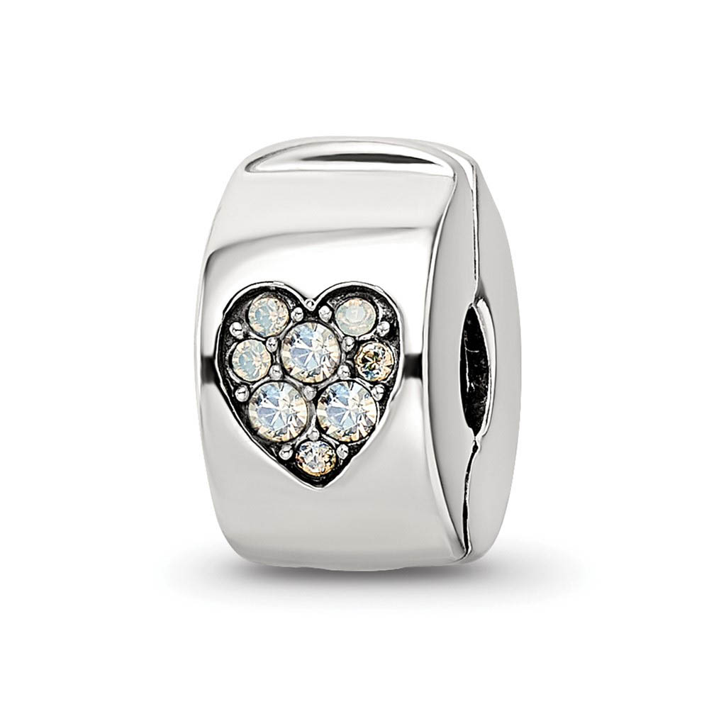 Sterling Silver Hinged Heart Clip Bead Charm with White Crystals