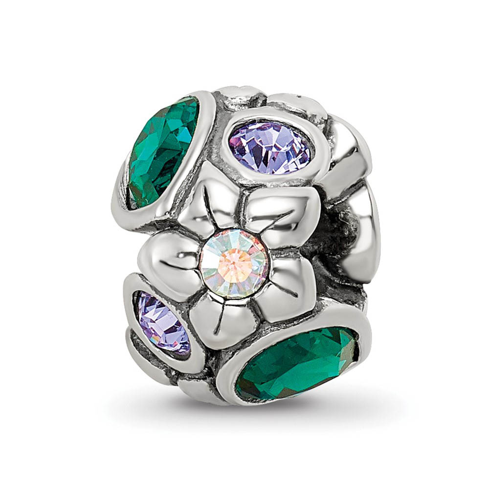 Sterling Silver with Crystals Purple & Green Flower Bead Charm