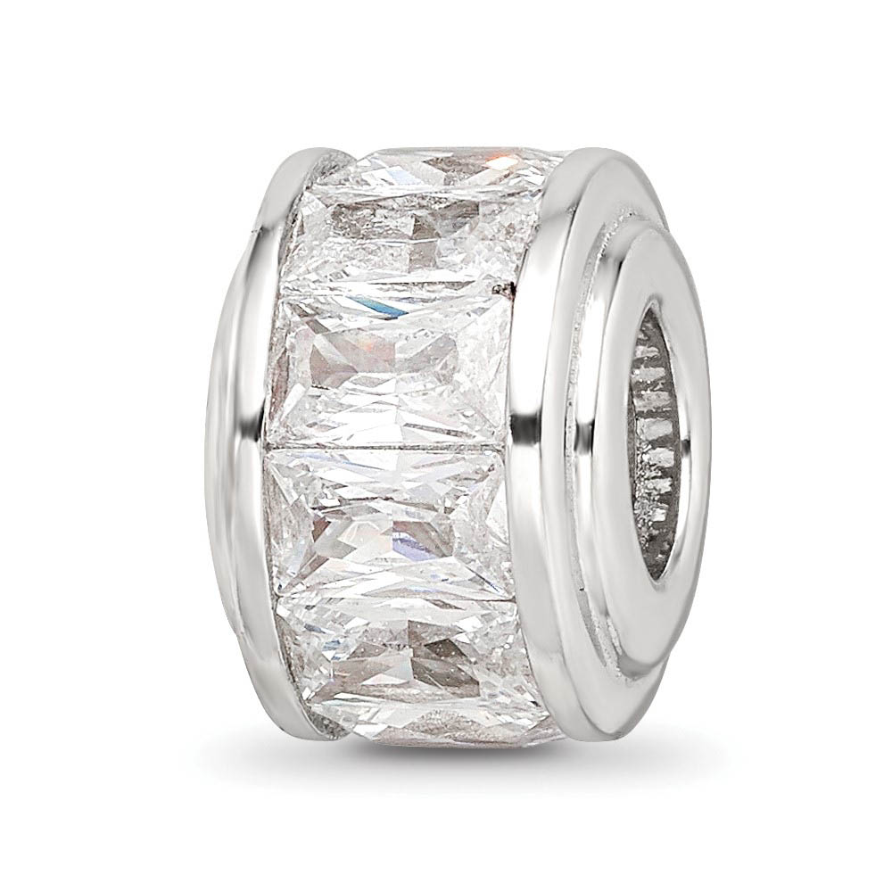 Sterling Silver and Baguette Clear Cubic Zirconia Bead Charm, 12mm