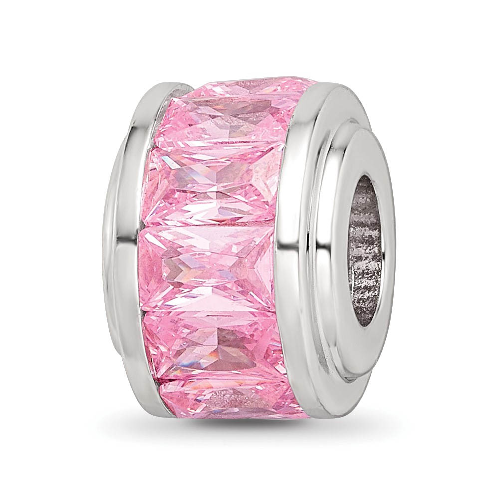 Sterling Silver and Baguette Pink Cubic Zirconia Bead Charm, 12mm
