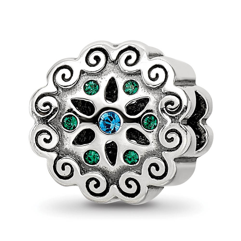 Sterling Silver with Blue & Green Crystals Flower Bead Charm