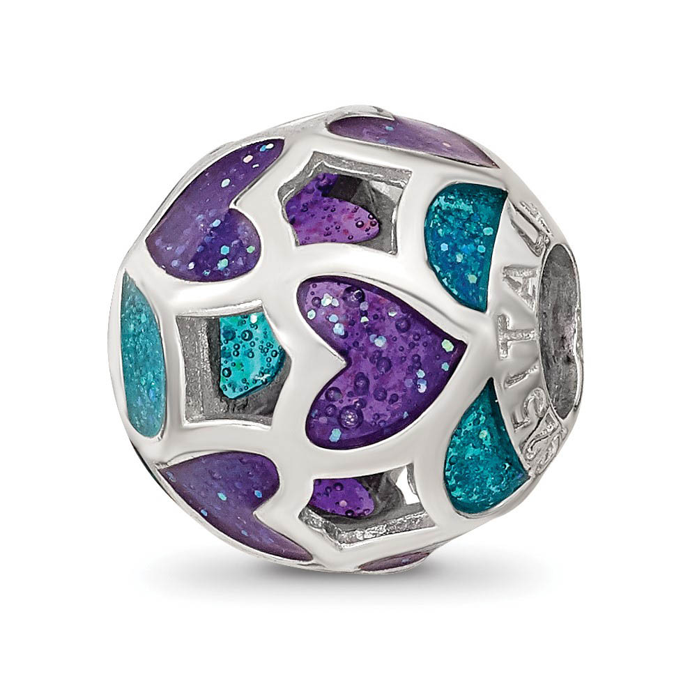 Sterling Silver Purple & Blue Heart Glitter Enameled Bead Charm