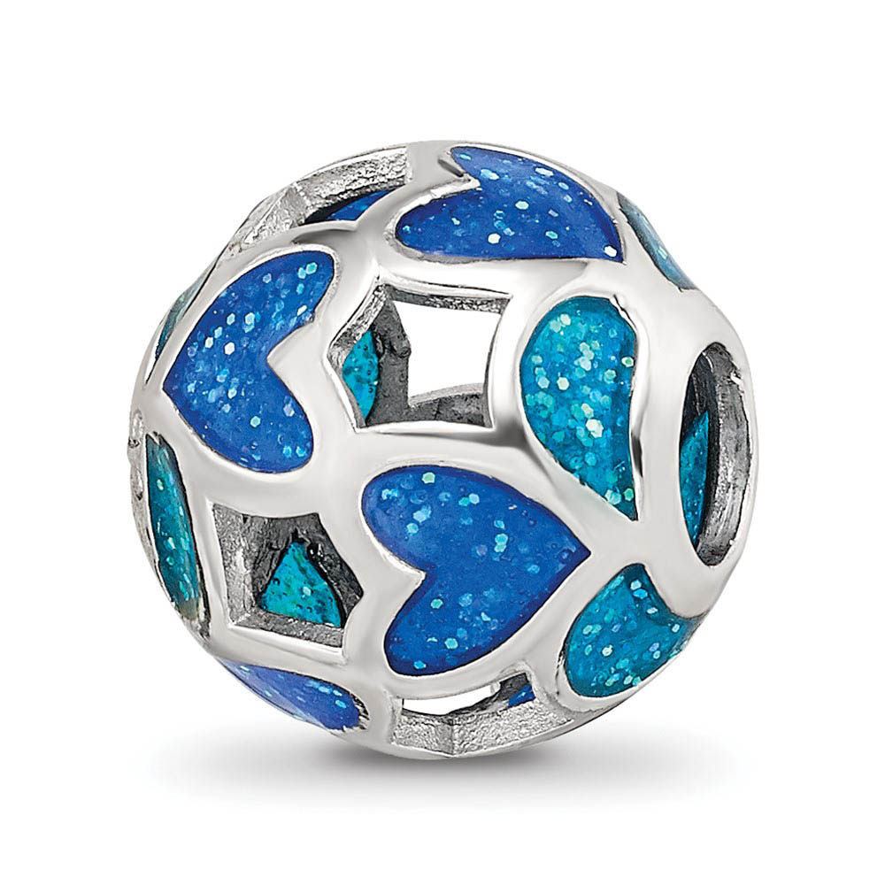Sterling Silver Blue Heart Glitter Enameled Bead Charm