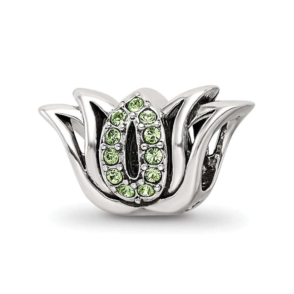 Sterling Silver with Light Green Crystals Pave Set Lotus Bead Charm