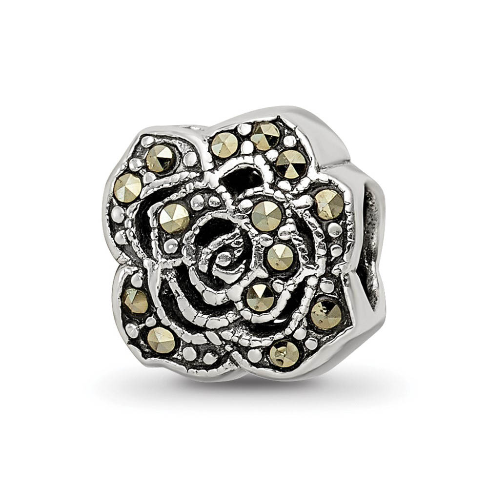 Sterling Silver & Marcasite Antiqued Flower Bead Charm