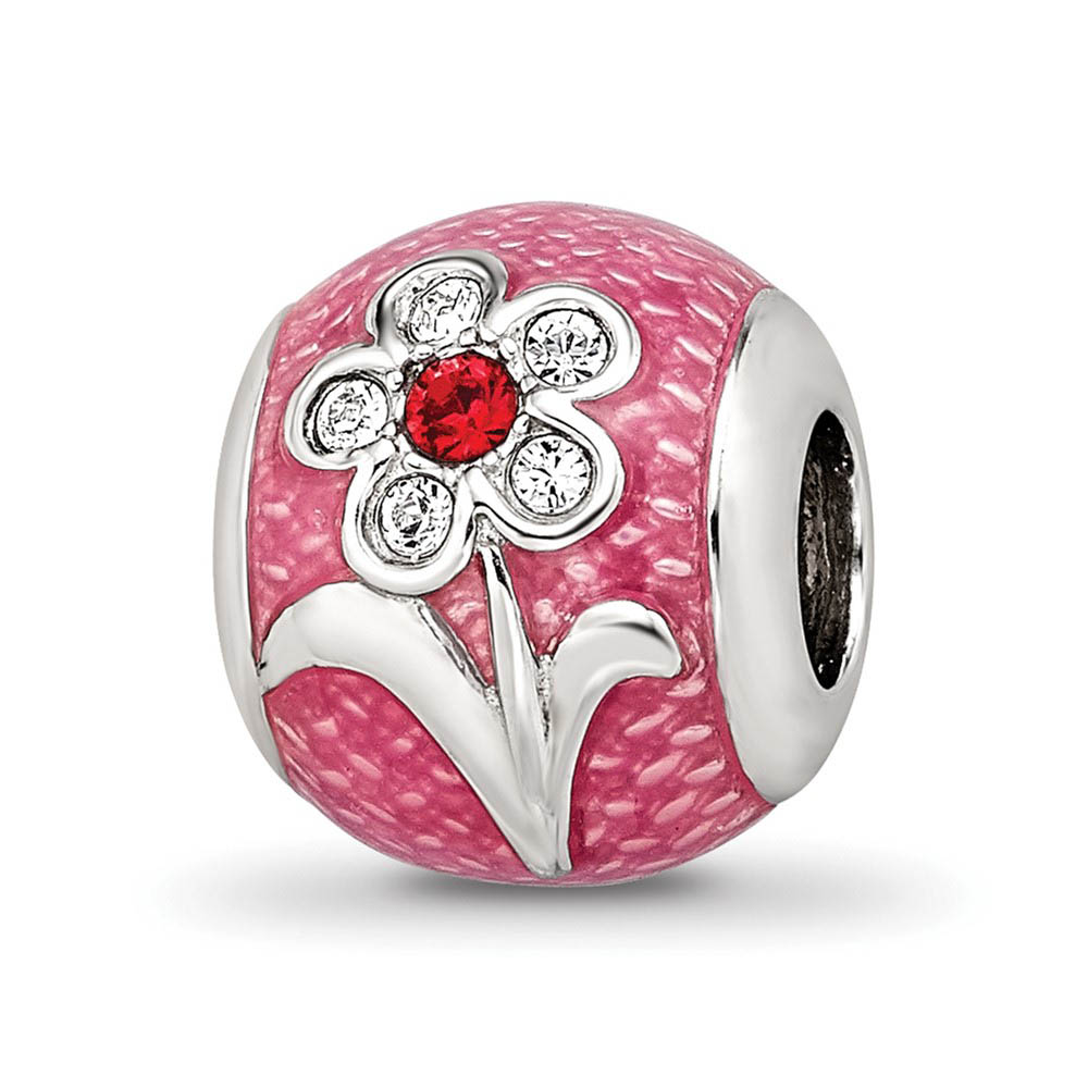 Sterling Silver & Pink Enameled with Crystals Flower Bead Charm