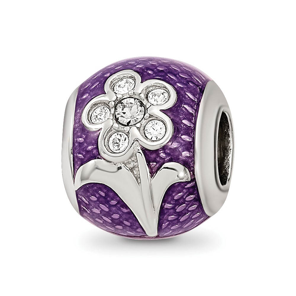 Sterling Silver, Blue Enameled with Crystals Flower Bead Charm