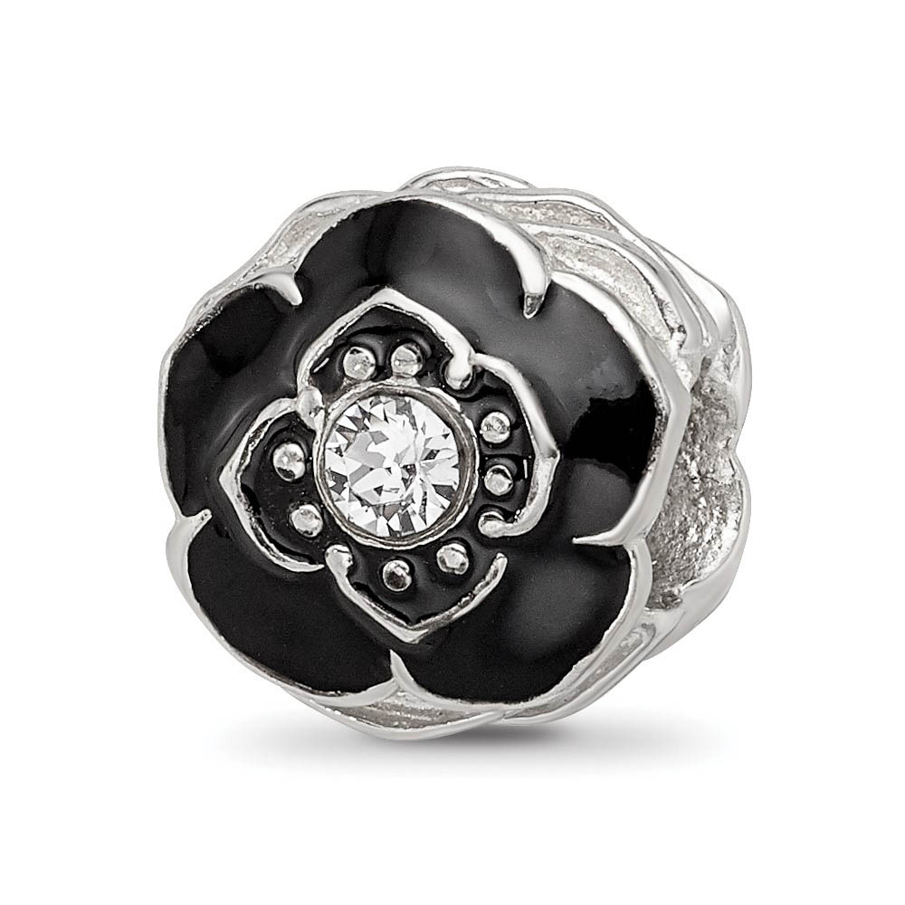 Sterling Silver, Black Enamel & Crystal Antiqued Flower Bead Charm