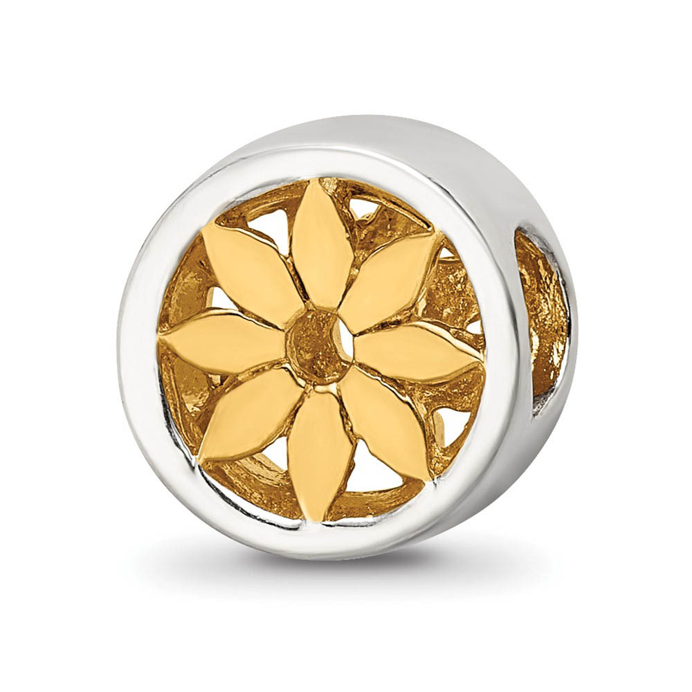 Sterling Silver and 14k Gold Plated Flower Cylinder Bead Charm, 10mm