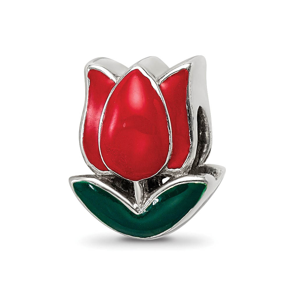 Sterling Silver, Red and Green Enameled Tulip Bead Charm