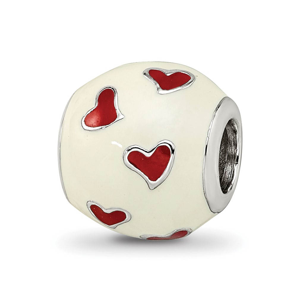 Sterling Silver, White & Red Enamel Heart Barrel Bead Charm
